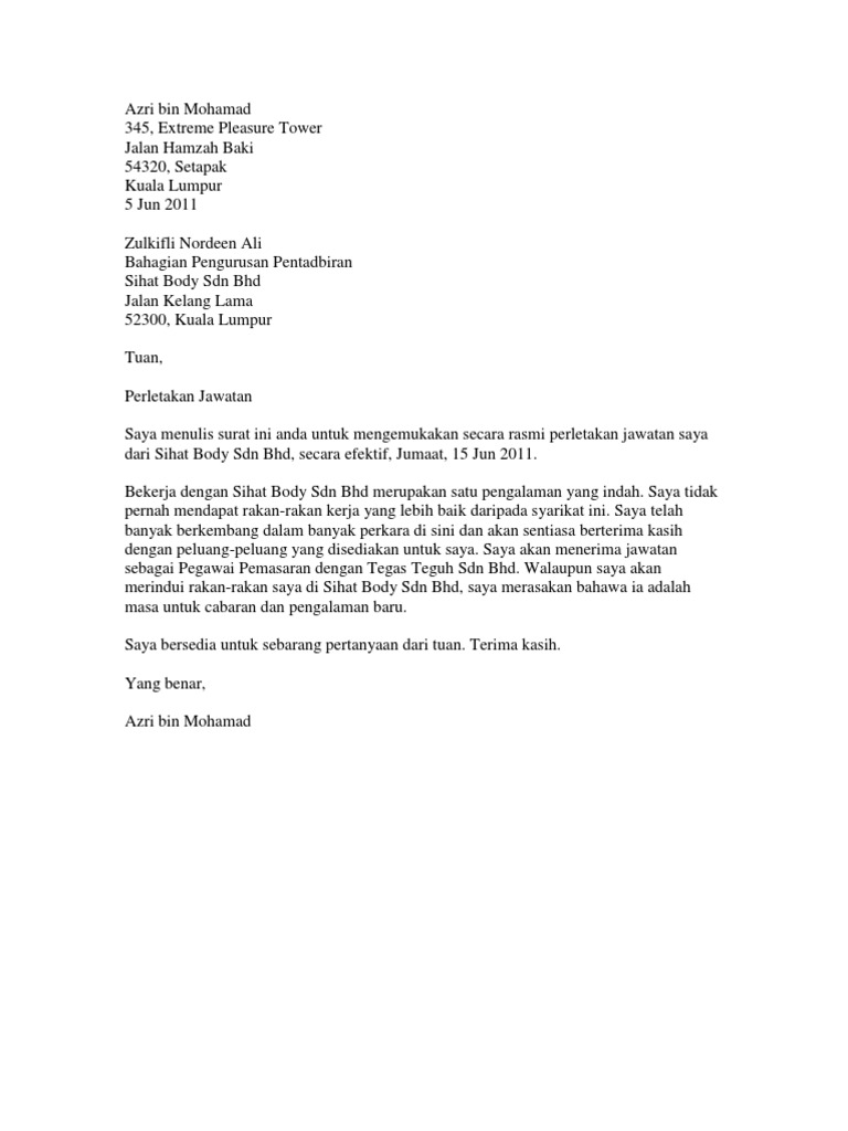 contoh surat perletakan jawatan