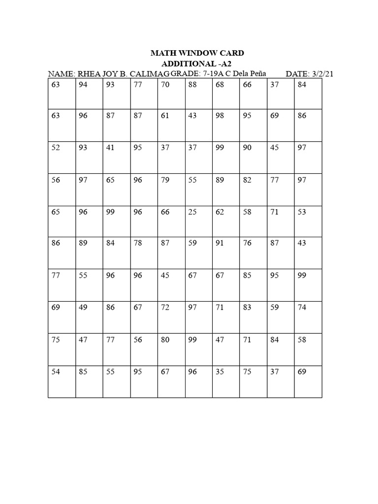 MATH WINDOW CARD | PDF