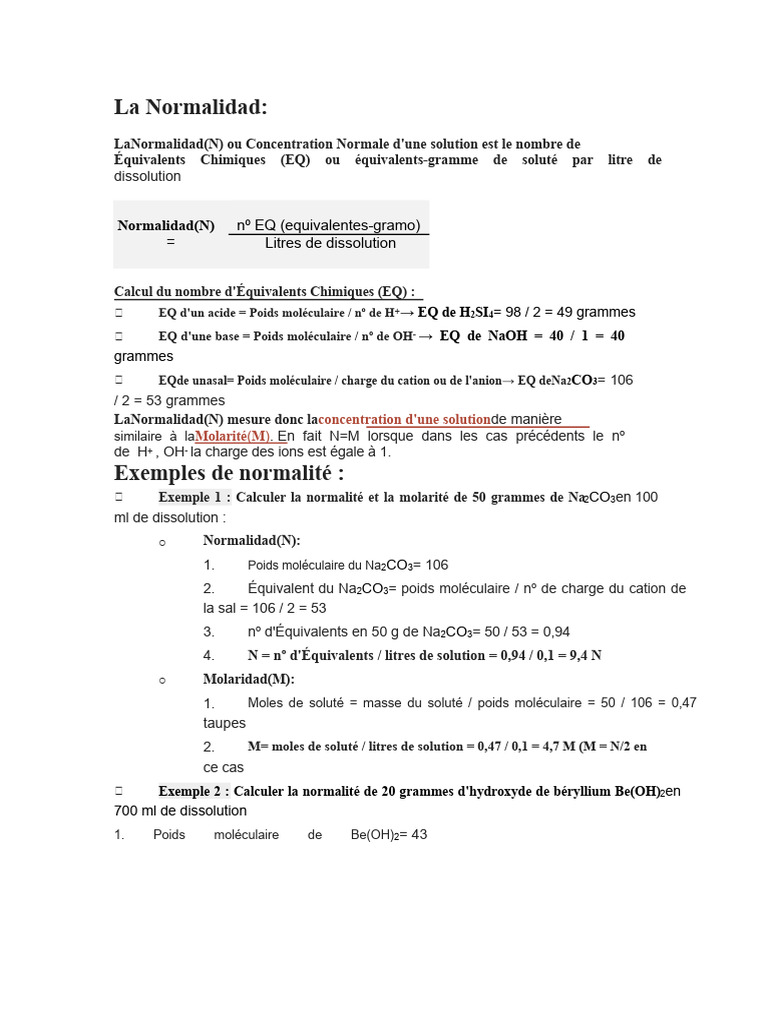 Comprendre la Normalité en Chimie | PDF | Concentration molaire ...