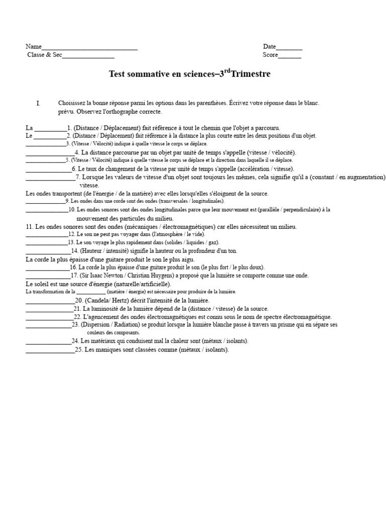 Test de sciences : distance, ondes et lumière | PDF | Vagues | Vitesse