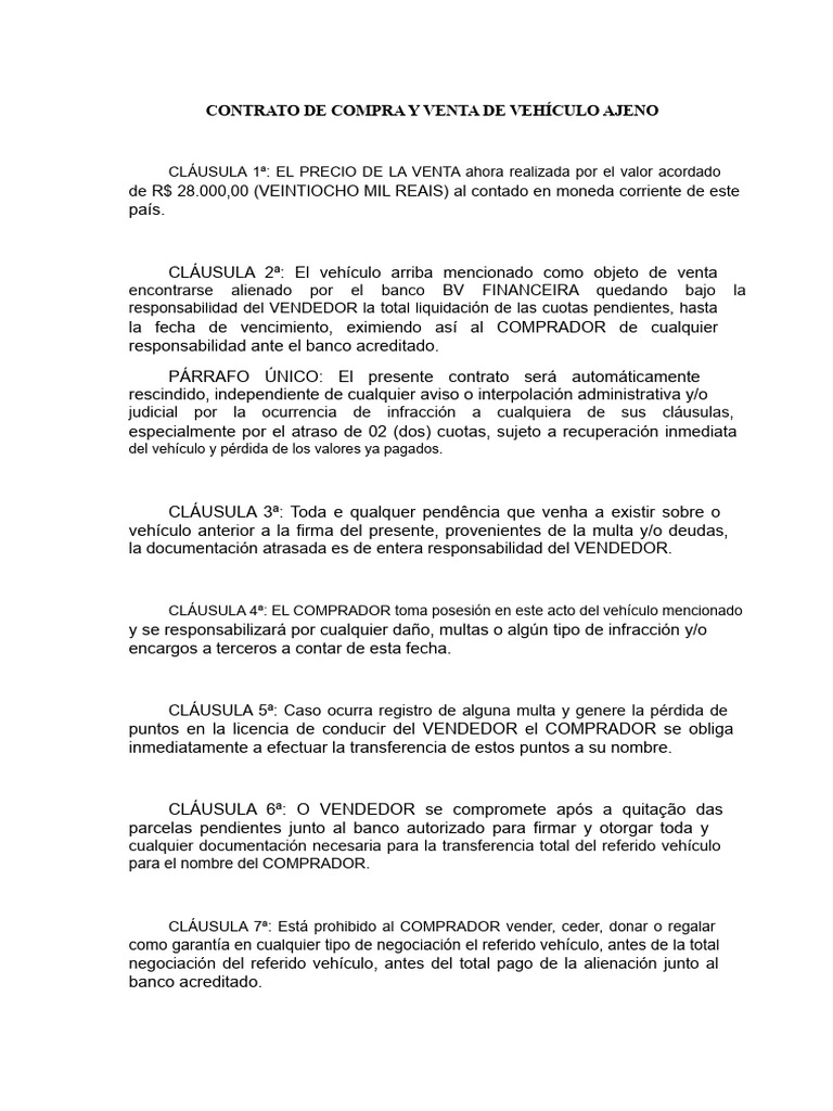 Contrato de Compra y Venta de Vehículo Afincado | PDF
