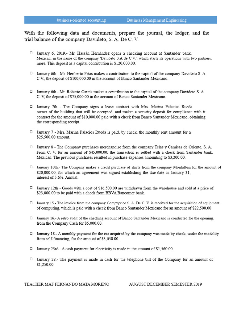 Accounting Journal and Ledger for Davideto S.A. | PDF | Banks | Business