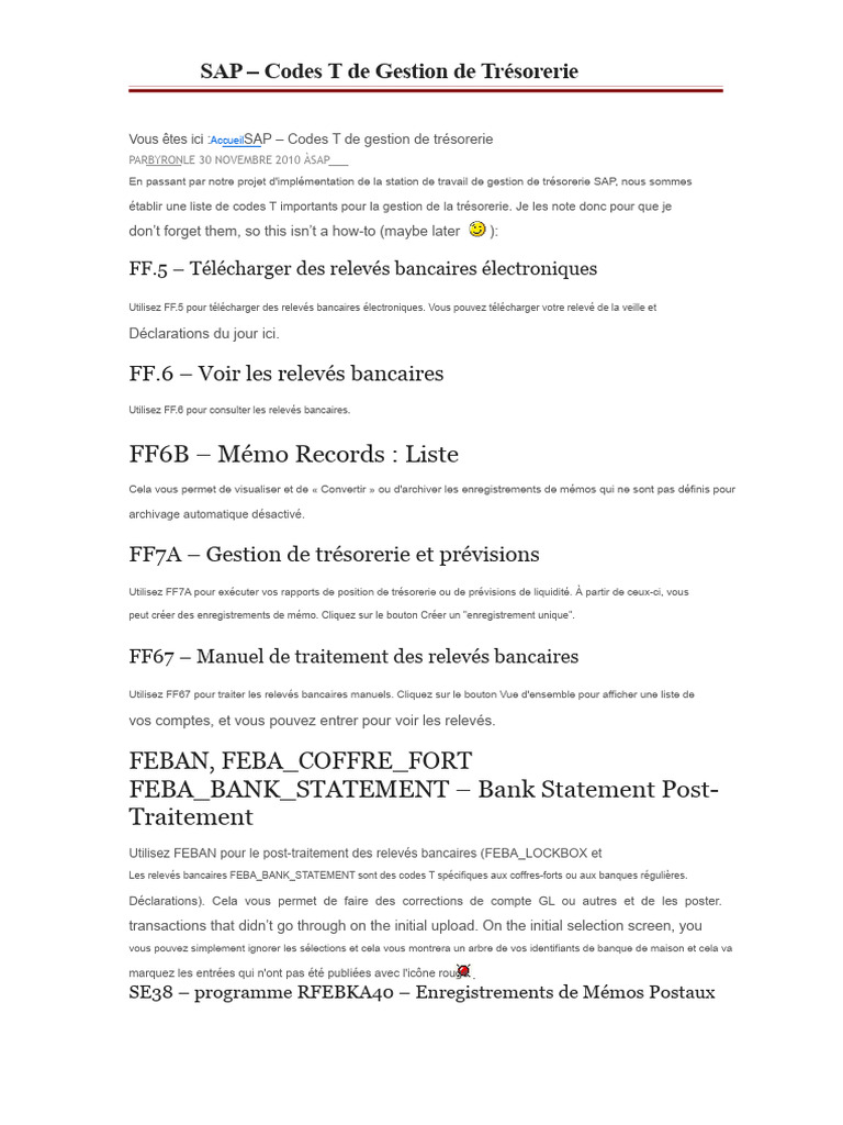 Codes T pour la Gestion de Trésorerie SAP | PDF | Banques | Argent