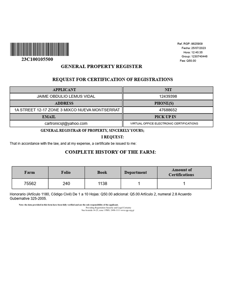 23C100105500 Property Registry Certificate | PDF | Written Communication