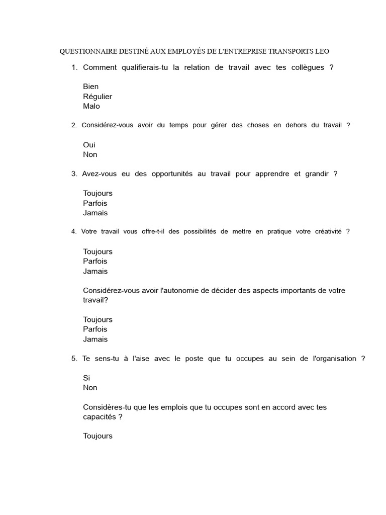 Questionnaire de Satisfaction des Employés | PDF | Business | Gestion ...