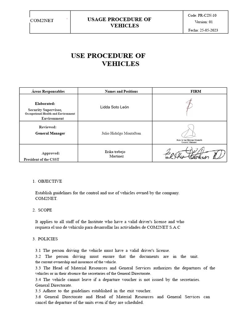 Vehicle Usage Guidelines for COM2NET | PDF