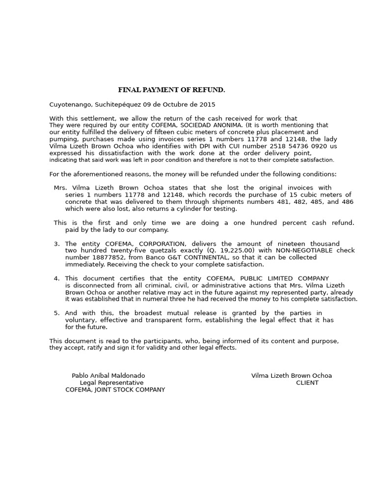 Refund Settlement for Concrete Services | PDF