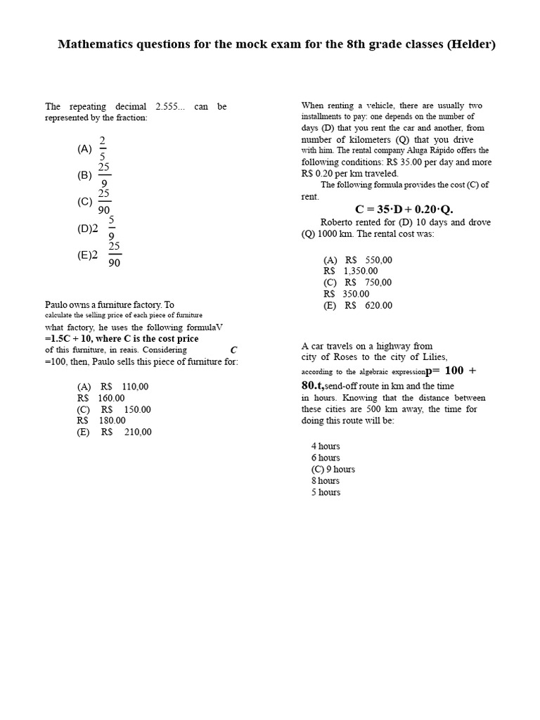 Mathematics Questions For The 8th Grade Mock Exam | PDF | Numbers ...