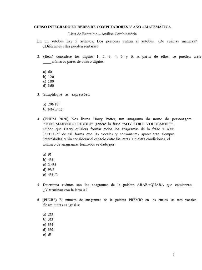 Ejercicios de Análisis Combinatorio | PDF