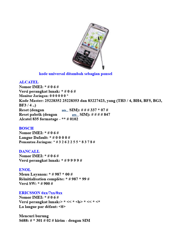 Kode Reset dan IMEI untuk Berbagai Ponsel | PDF