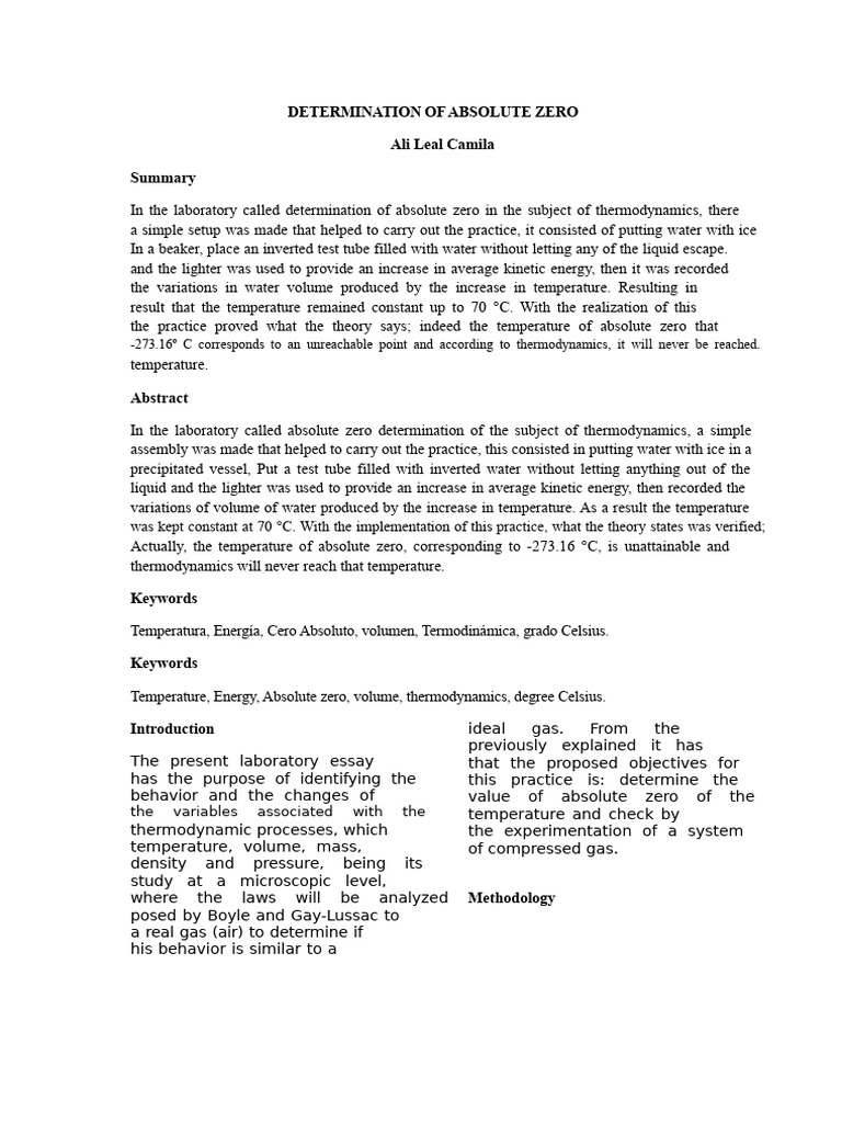 Absolute Zero Determination Experiment | PDF | Entropy | Temperature
