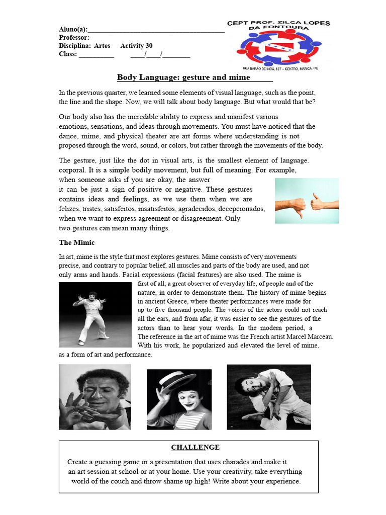 ZILCA LOPES - Activity 30 - body expression | PDF | Body Language | Gesture