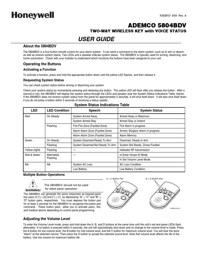 Honeywell 5804bdv User Guide | Security Alarm | Battery (Electricity)