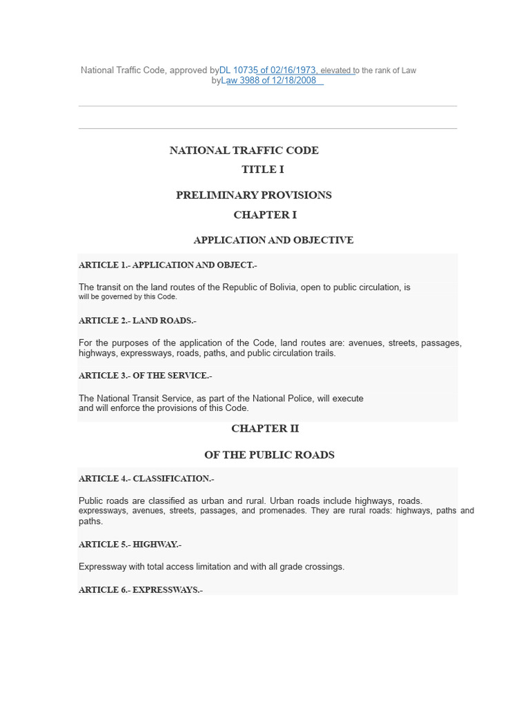 Bolivia National Traffic Code Overview | PDF | Traffic | Driving
