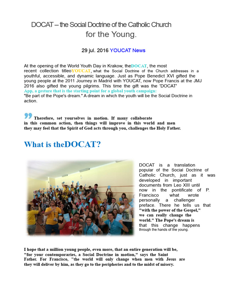DOCAT: Youth Guide to Catholic Social Doctrine | PDF | Catholic Social ...