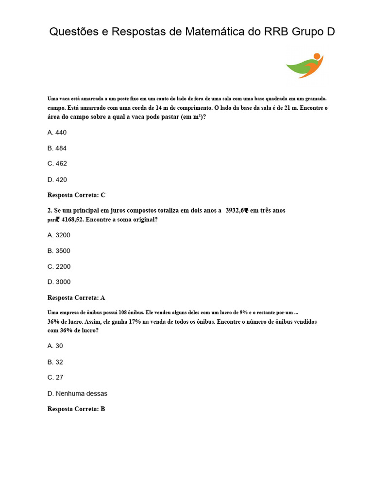 Questões e Respostas de Matemática do Grupo D do RRB | PDF | Matemática