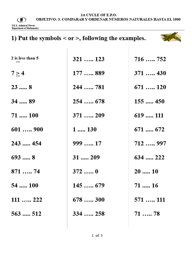 Compare and Order Natural Numbers 1-1000 | PDF