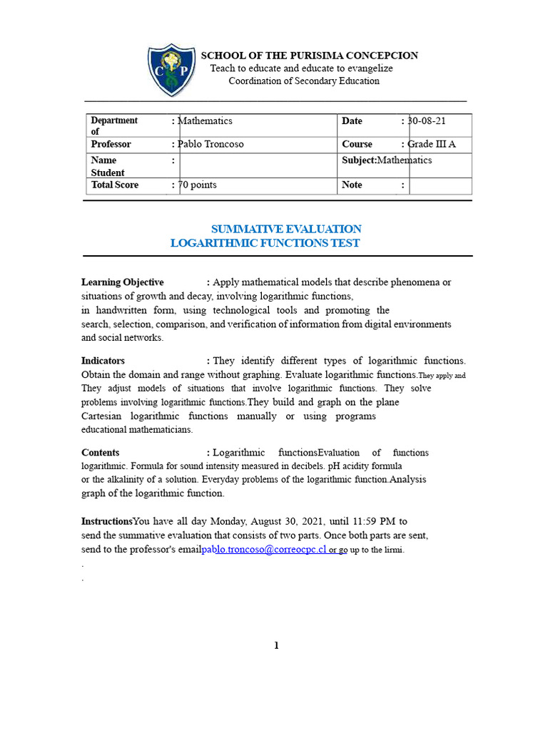 Logarithmic Functions Test Evaluation | PDF | Function (Mathematics ...