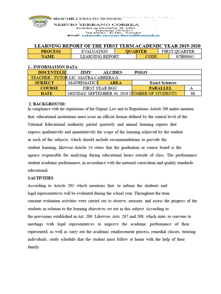 1 LEARNING REPORT OF THE FIRST QUARTER OF THE 2019 SCHOOL YEAR | PDF ...