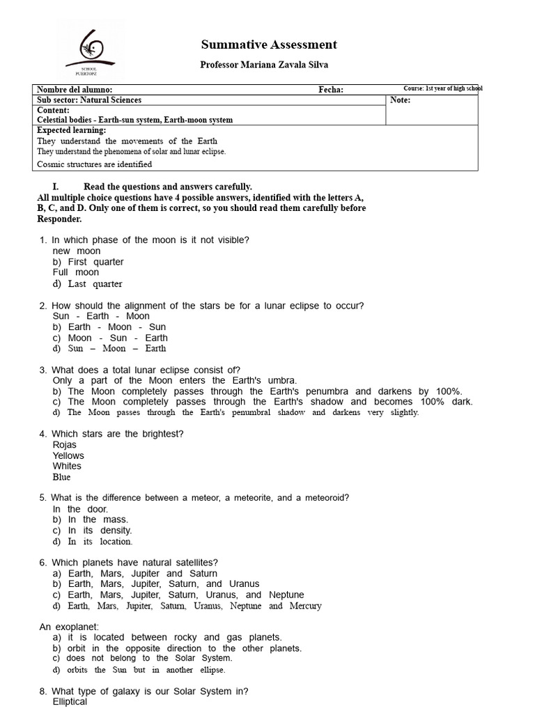 Earth-Sun-Moon System Assessment | PDF | Planets | Solar System