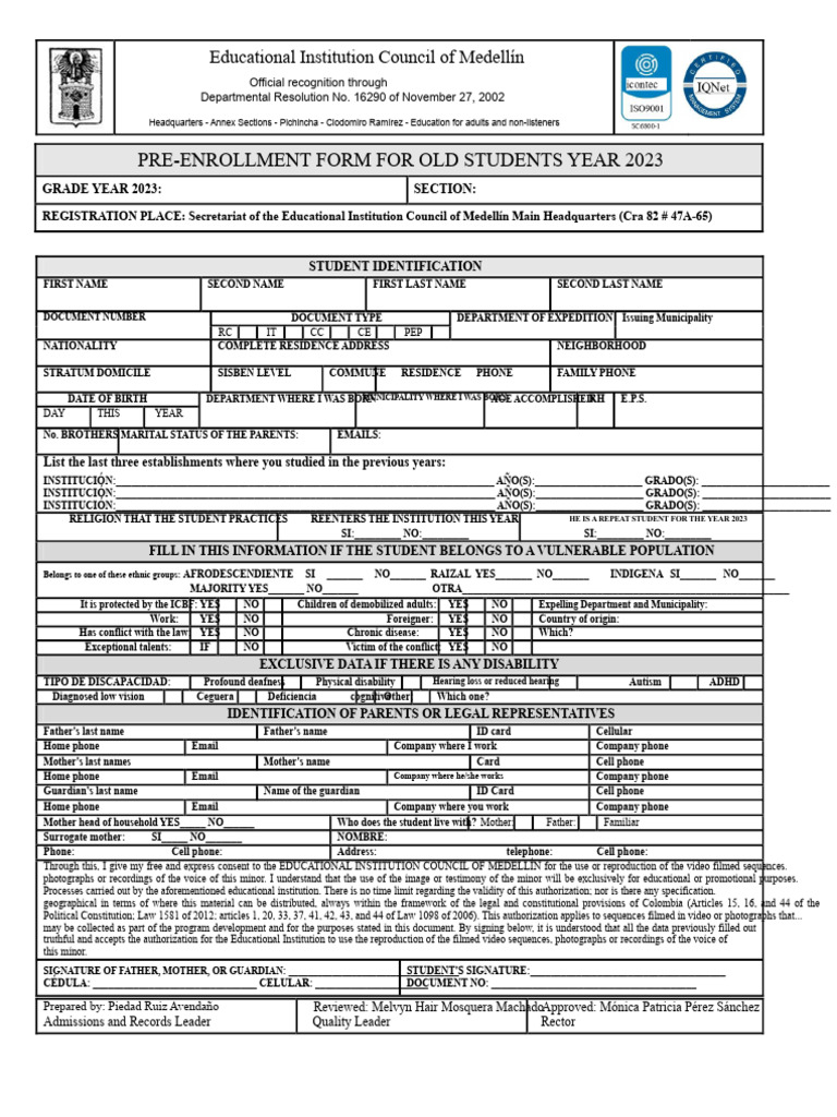Pre-Enrollment Form For Returning Students Year 2023 | PDF | Identity ...