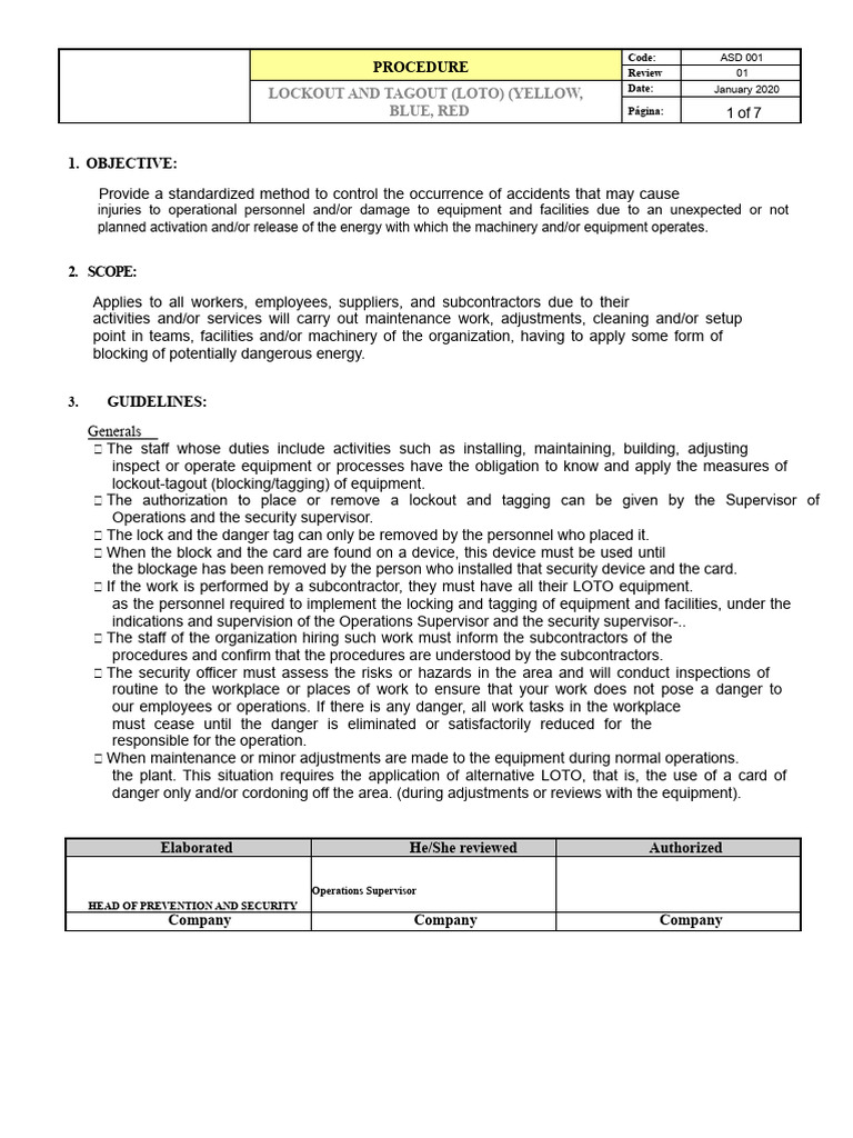 Lockout Tagout (LOTO) Procedure Guide | PDF | Working Conditions ...