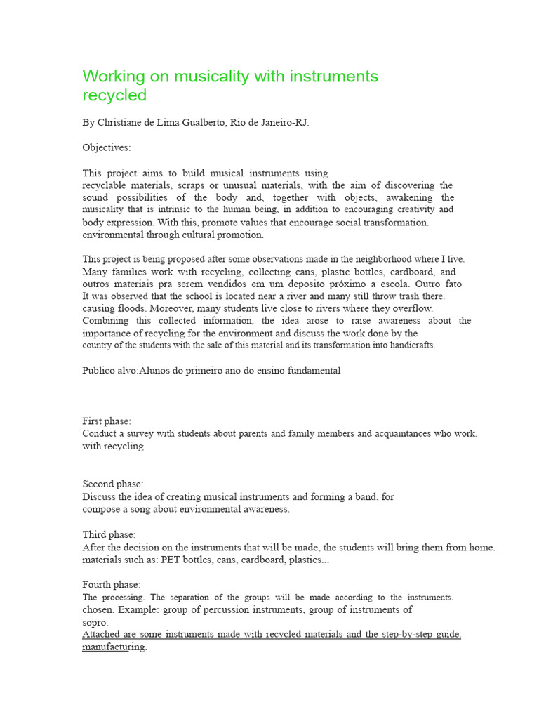 PROJECT Working On Musicality With Recycled Instruments | PDF ...