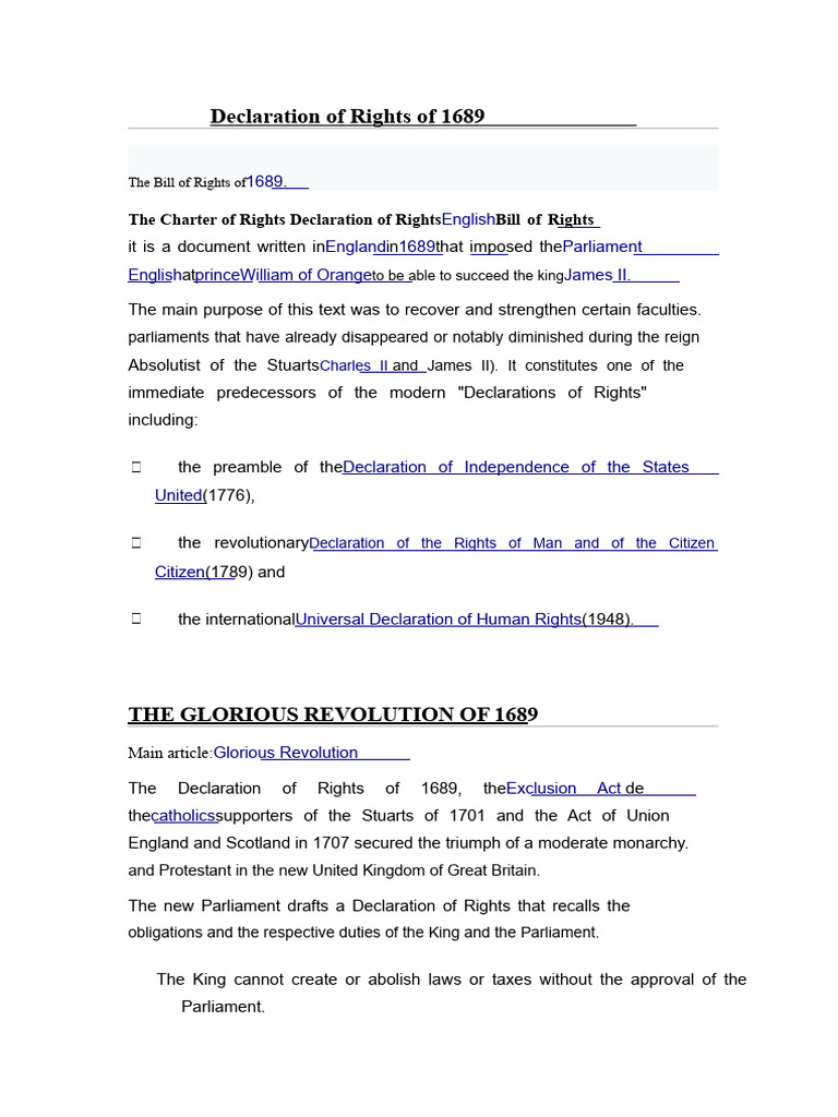 1689 Declaration of Rights Overview | PDF | Parliament | Justice