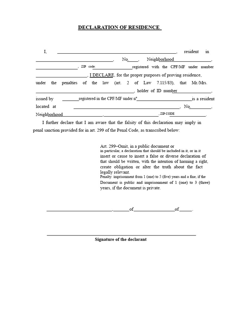 Declaration of Residence Form Template | PDF
