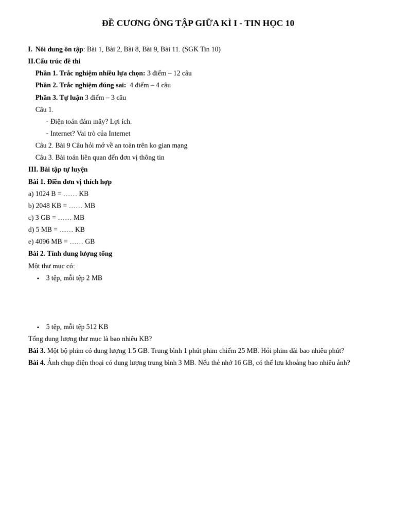 Đề cương ôn tập tin 10 | PDF