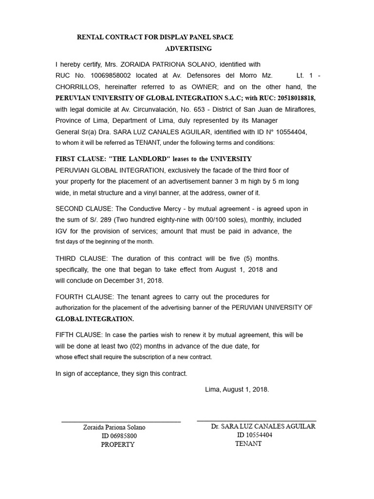 RENTAL CONTRACT FOR EXHIBITION SPACE FOR ADVERTISING PANEL | PDF