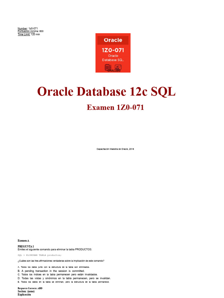 Examen SQL Oracle 12c: 1Z0-071 | PDF | SQL | Ciencias de la Información