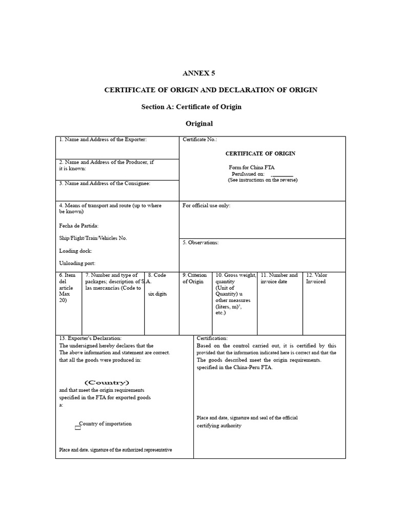 China-Peru FTA Certificate of Origin | PDF