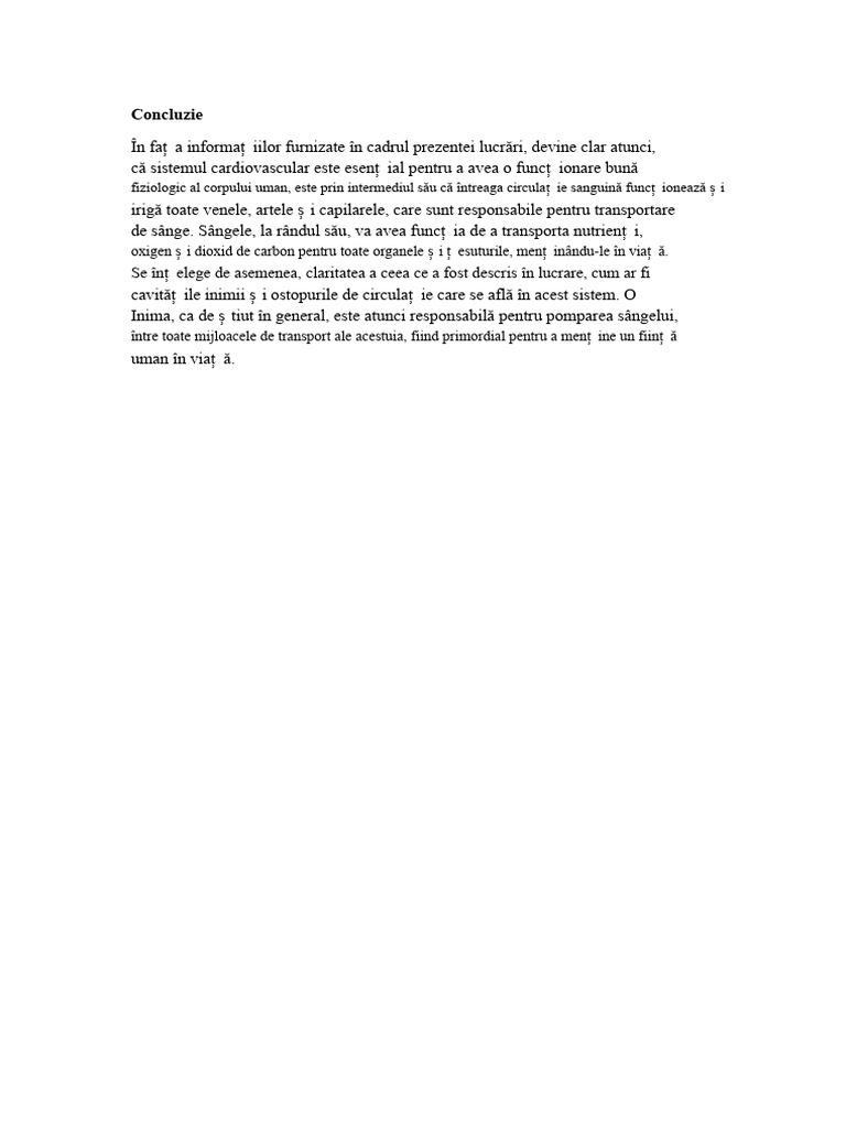 Concluzie Sistemul Cardiovascular | PDF