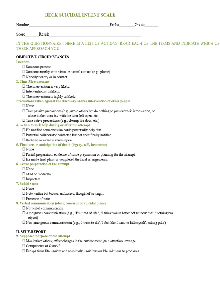 Beck Suicidal Intent Scale Overview | PDF | Death | Suicide
