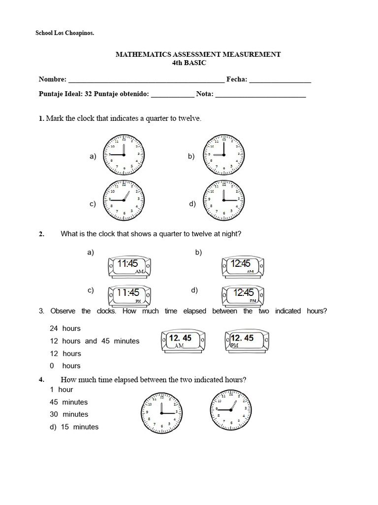 4th Grade Mathematics Assessment: Time Measurement | PDF | Hour | Clock
