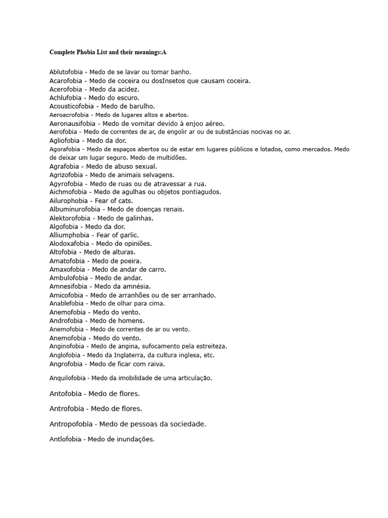 Lista Completa de Fobias e seus significados.docx | PDF | Ansiedade | Fobia
