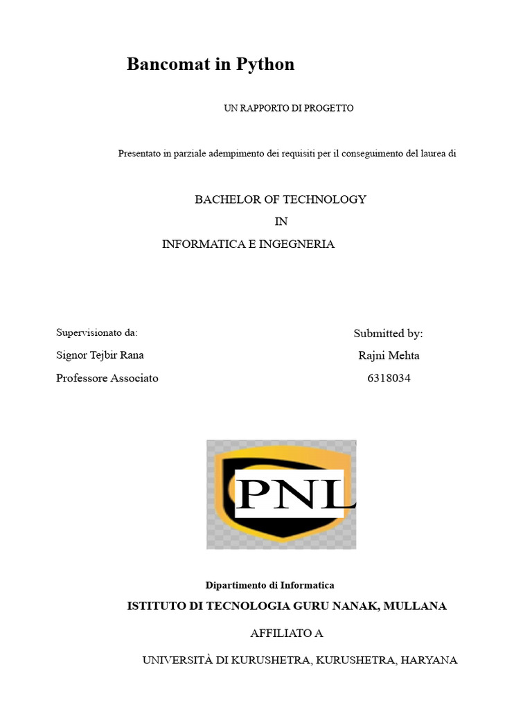 ATM Nel Rapporto Di Progetto Python (Rajni Mehta 6318034) | PDF
