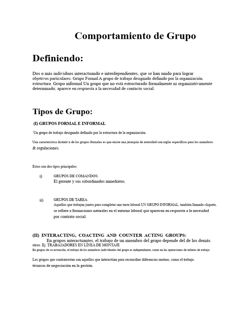 Tipos y Dinámicas del Comportamiento de Grupo | PDF | Cohesión grupal ...
