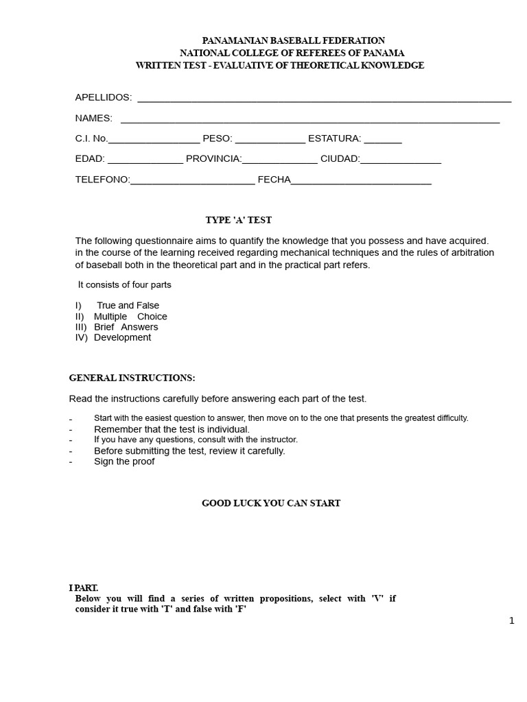 Panamanian Baseball Referee Test | PDF | Batting (Baseball) | Baseball ...