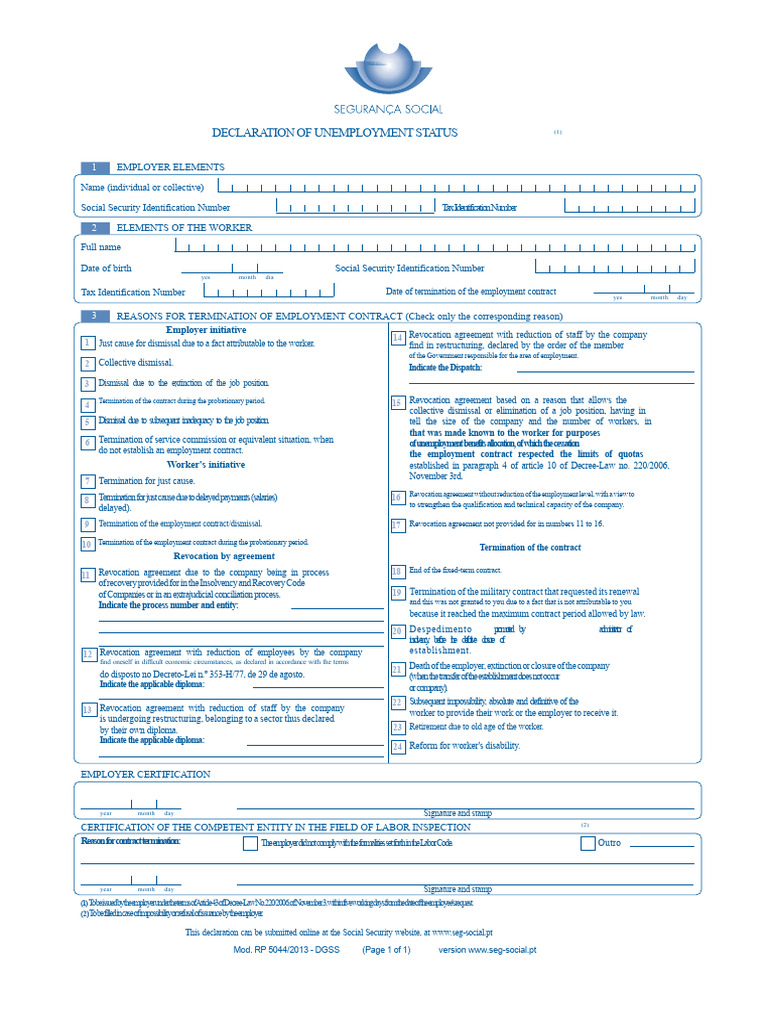 Unemployment Status Declaration Form | PDF | Employment | Social ...
