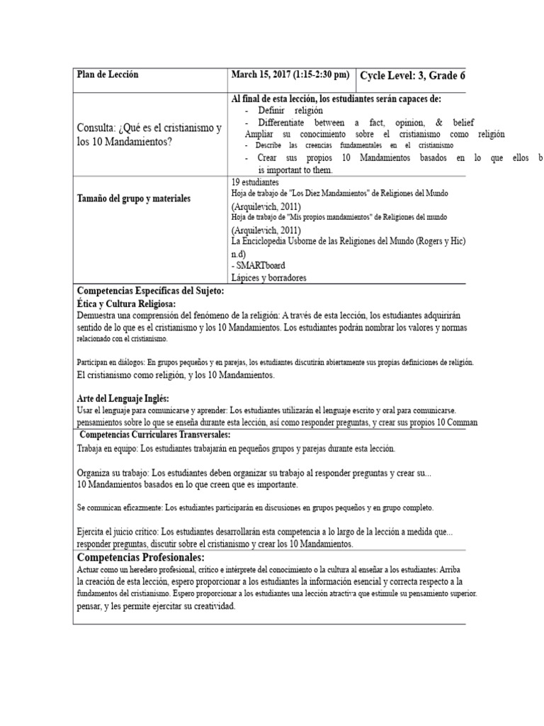 Lección Introductoria de Cristianismo para Sexto Grado | PDF | Diez ...