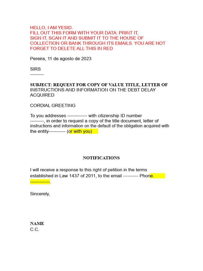 Request for Debt Title Copy Form | PDF