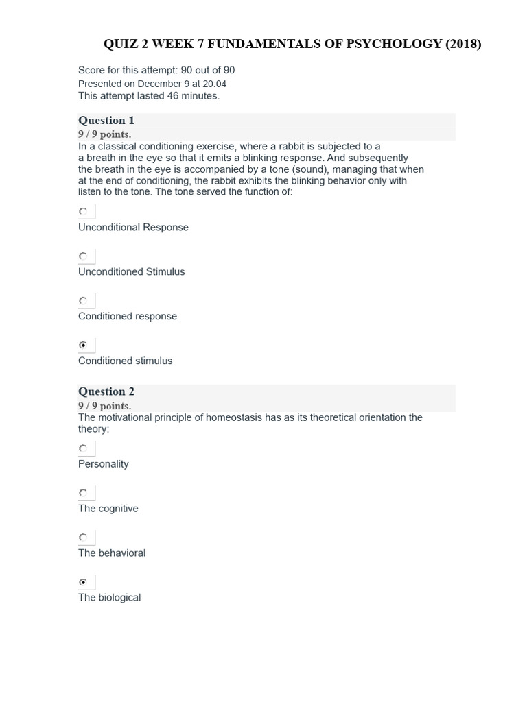 Quiz 2 - Week 7 Fundamentals of Psychology | PDF | Classical ...
