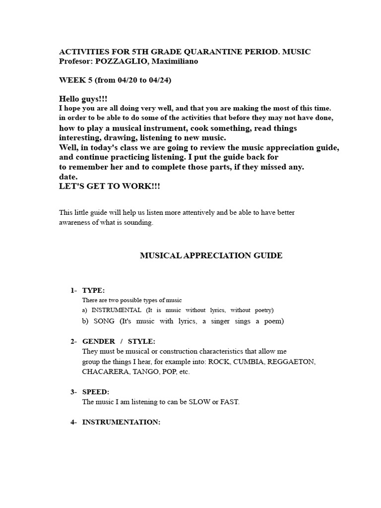 5th Grade Music Activities Guide | PDF | Performing Arts | Musicology