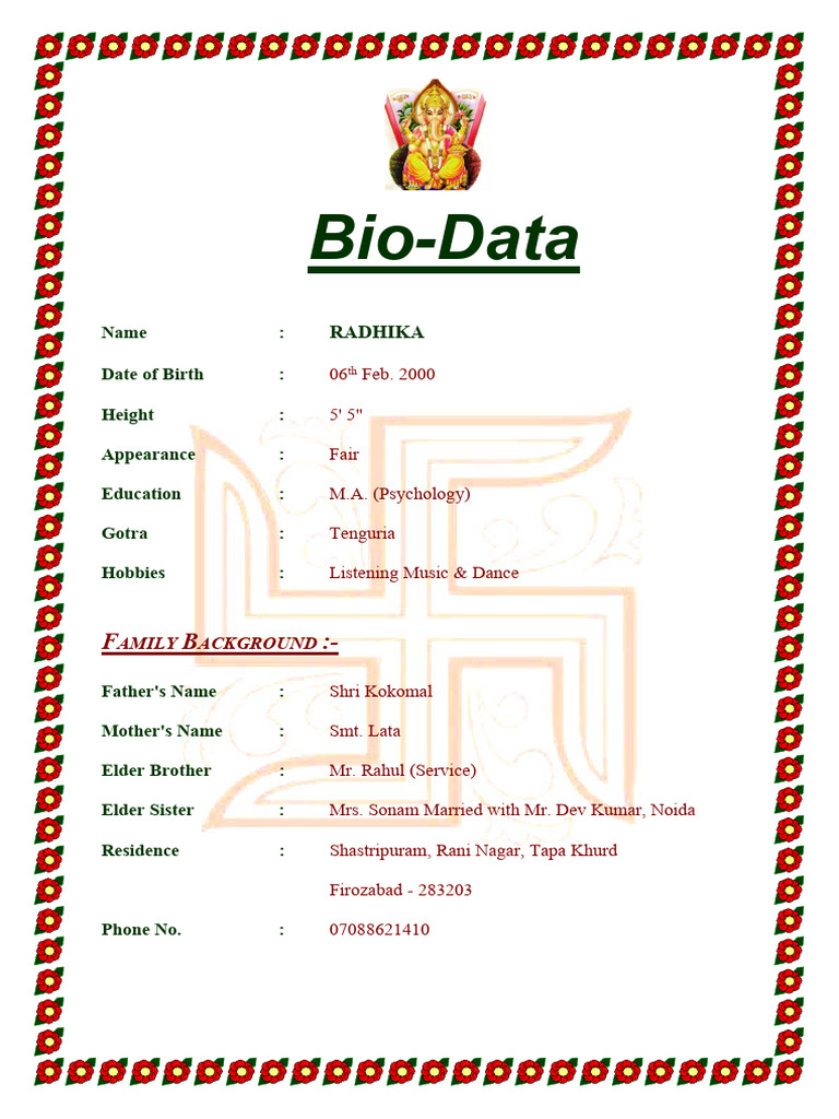 Radhika's Bio-Data and Family Details | PDF