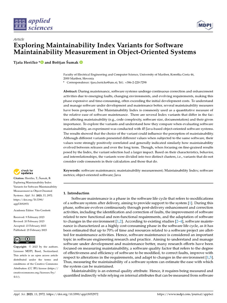 Maintainability Index Variants in Software | PDF | Object Oriented ...
