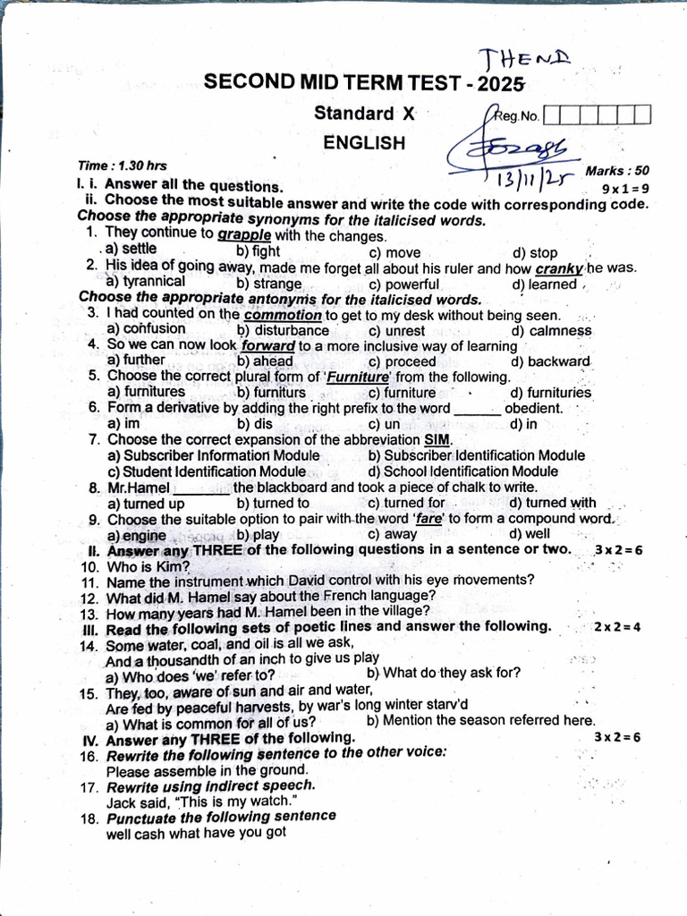 10th English - 2nd Mid Term Exam 2025 - Original Question Paper - Theni ...
