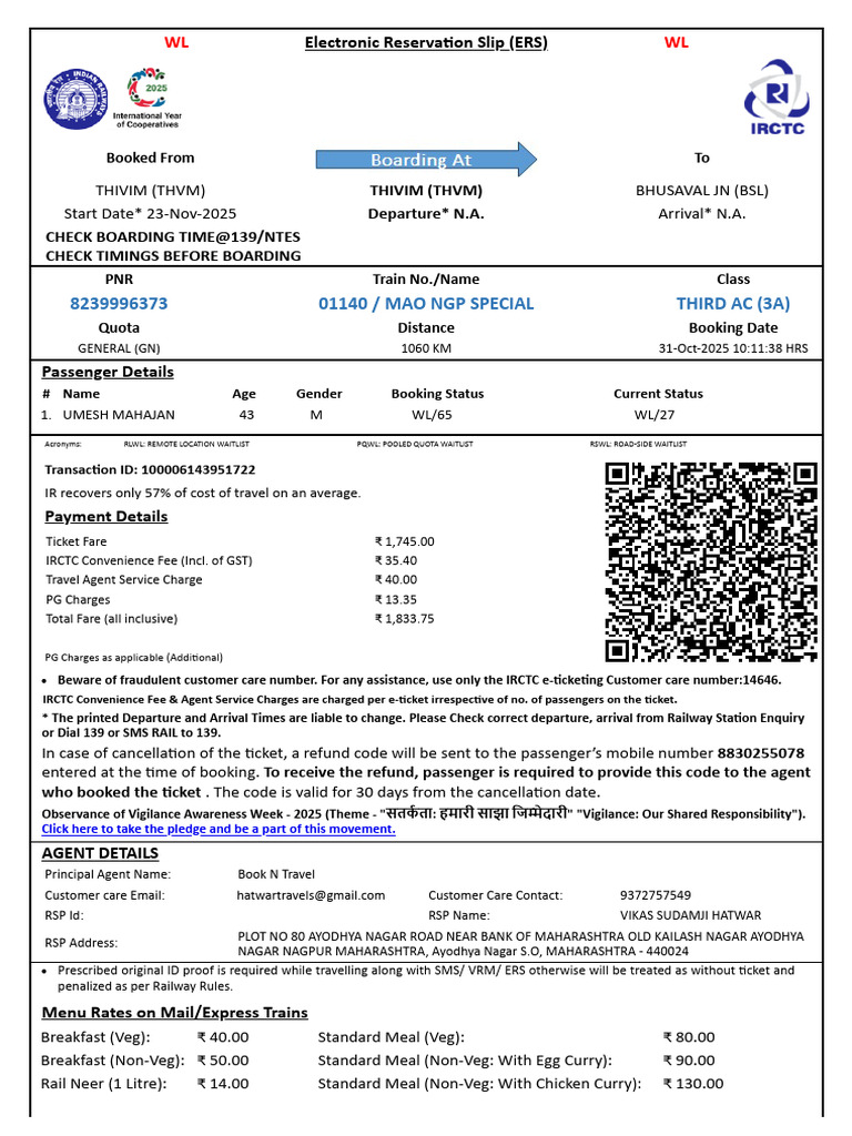 Indian Railways Ticket Booking Details | PDF | Identity Document | Payments