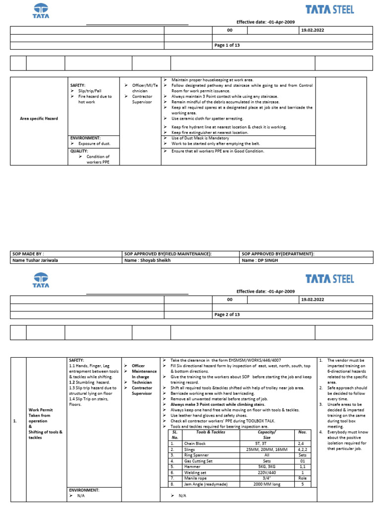 Pulley Bearing Inspection SOP Guide | PDF | Personal Protective Equipment